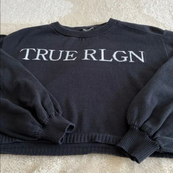 True Religion Sweater Size S Navy Cropped Crew Neck Pullover Streetwear Urban - Picture 4 of 9